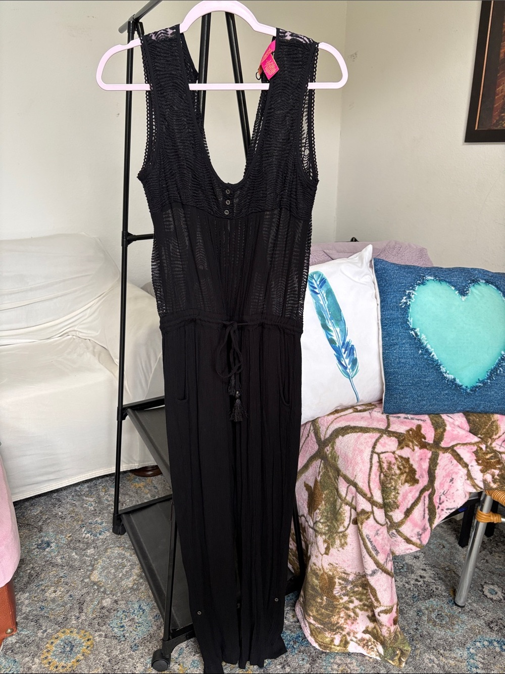 Catherine Malandrino Black Sleeveless Crochet Maxi Jumpsuit